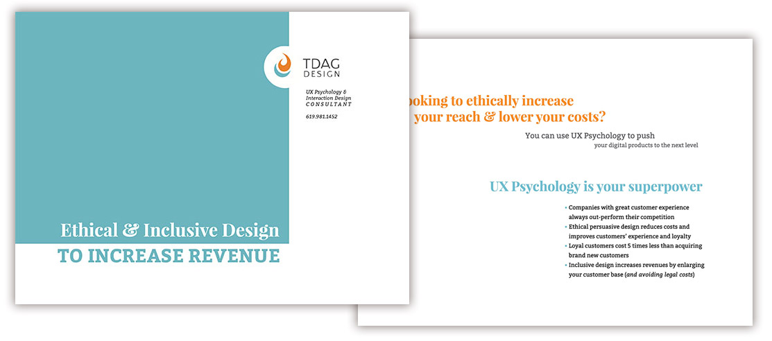 Turquoise and white brochure cover, showing the Tdag Design logo.The title reads: Ethical and Inclusive Design to Increase Revenue.
